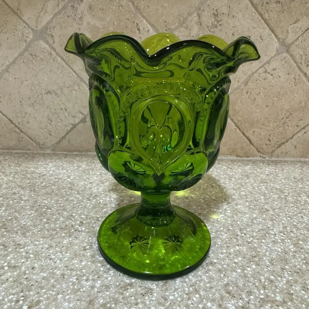 Vintage LE Smith Green Moon & Stars‎ Ruffled Footed Open Vase Compote 5 3/4